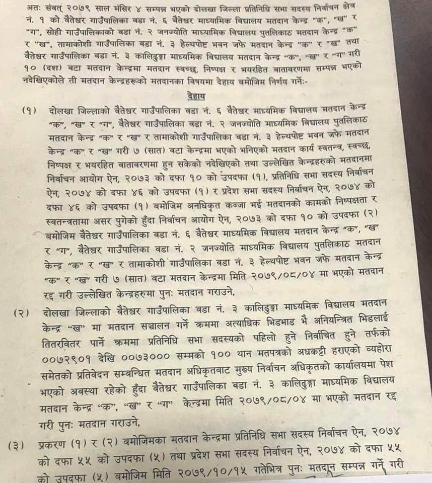 दोलखाका १० वटा मतदान केन्द्रमा पुनःमतदान हुने