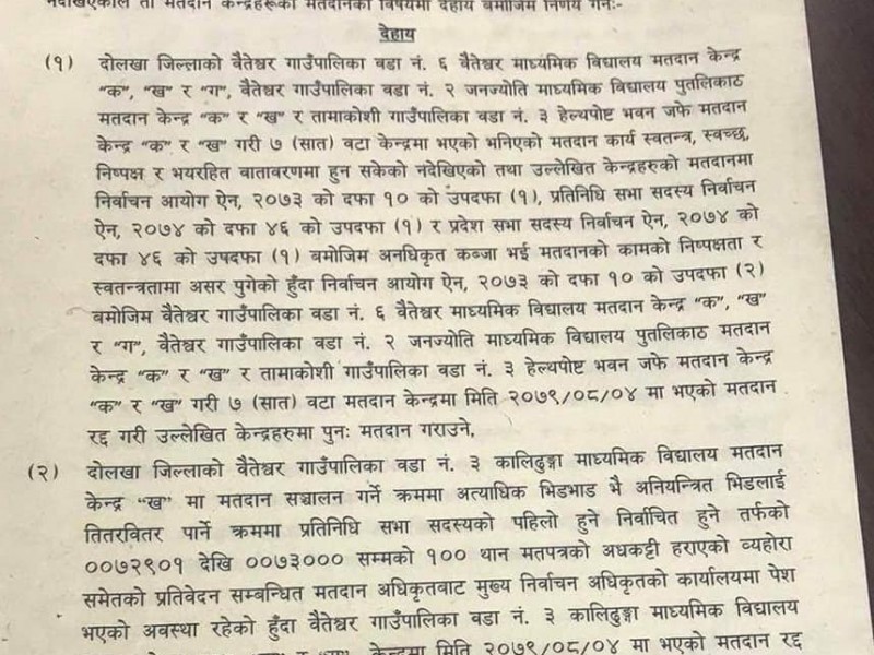 दोलखाका १० वटा मतदान केन्द्रमा पुनःमतदान हुने