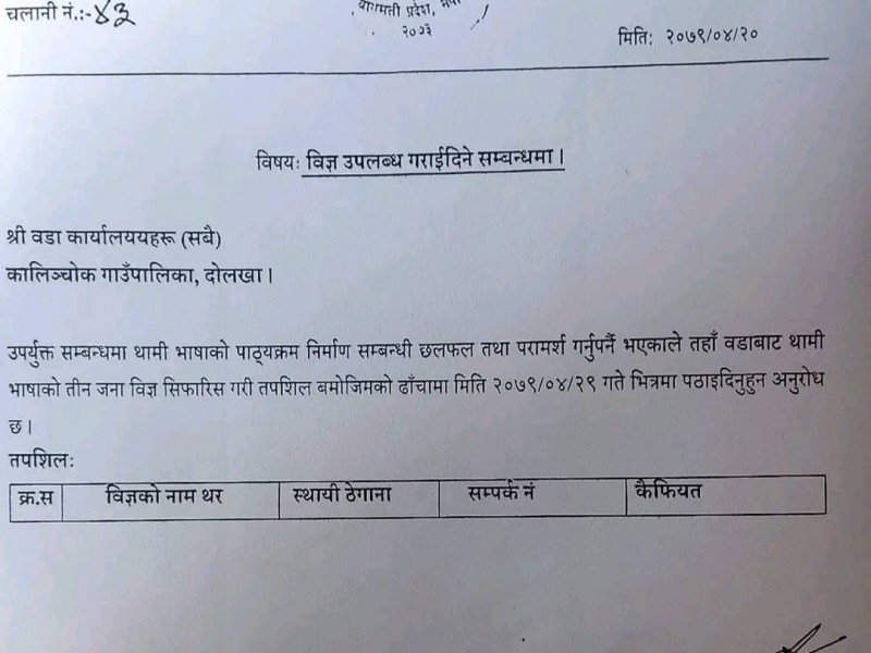 स्थानीय पाठ्यक्रम निर्माणको लागि थामी भाषा विज्ञ खोज्दै गाउँपालिका 